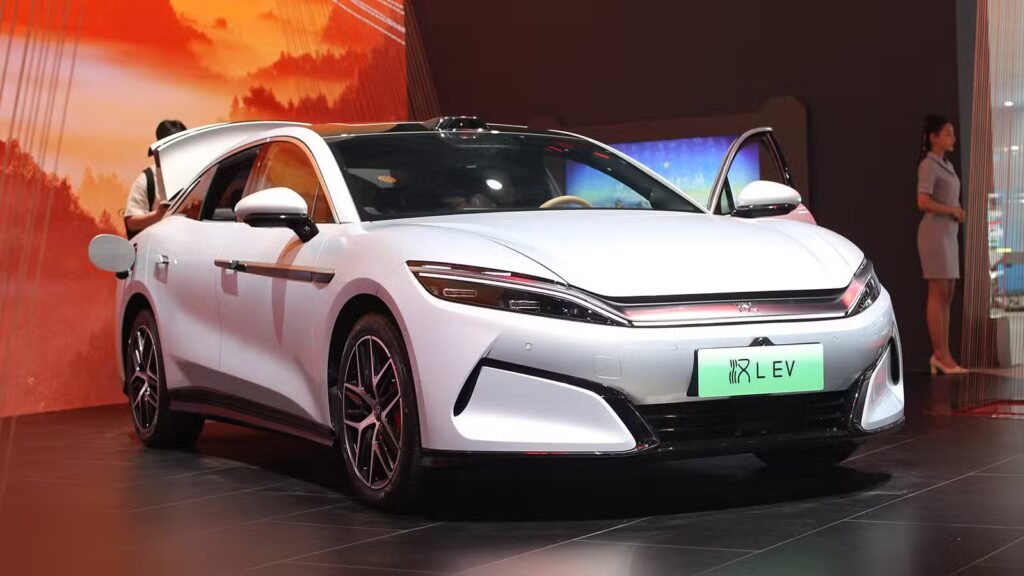 BYD aims for 1.3 million overseas sales in 2026 A BYD Han L EV displayed at the Shanghai auto show in April 2025.