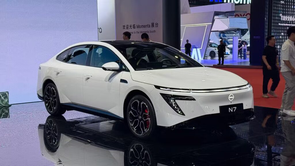 A Dongfeng Nissan N7 displayed at the Shanghai auto show in April 2025.