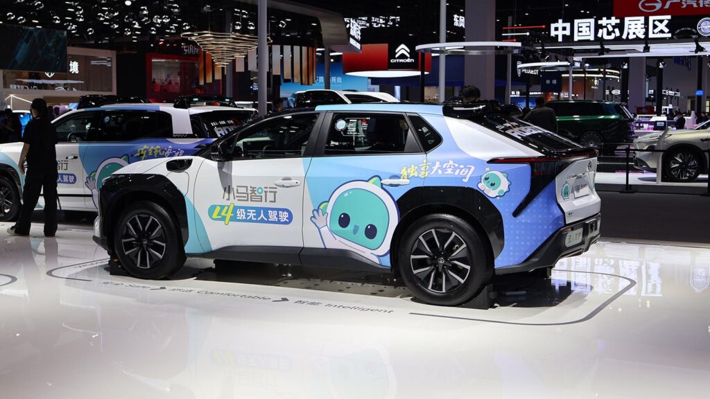A Pony AI robotaxi on display at the Beijing Auto Show in April 2026.
