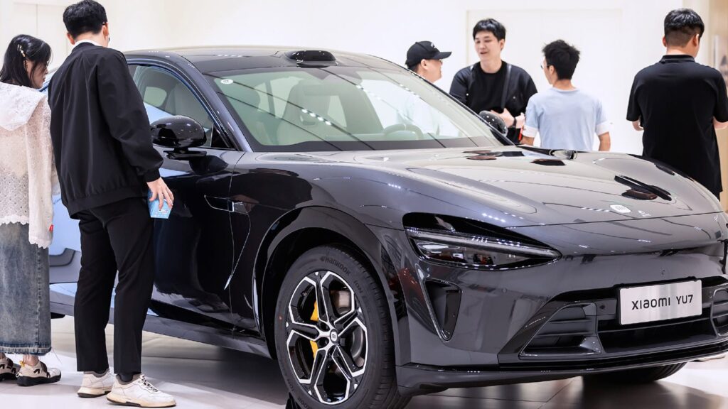 A YU7 standard edition SUV (sport utility vehicle) on display at the Xiaomi EV showroom.