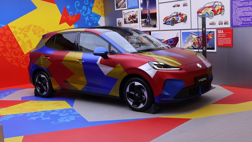 An SAIC MG4 on display at the Beijing Auto Show in April 2026.