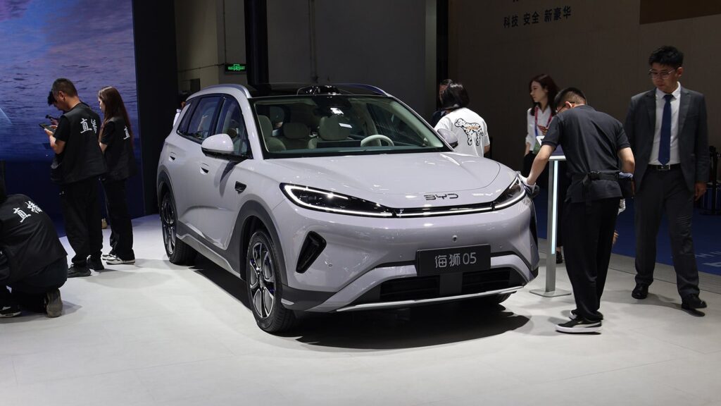 A BYD Sealion 05 EV on display at the Beijing Auto Show in April 2026.