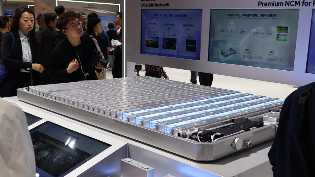 A CATL battery pack on display at the Beijing Auto Show in April 2026.
