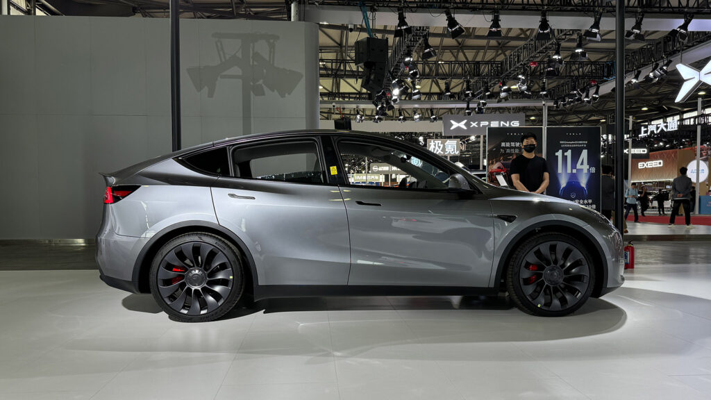 A file photo shows a Tesla Model Y on display at an event in Shanghai.
