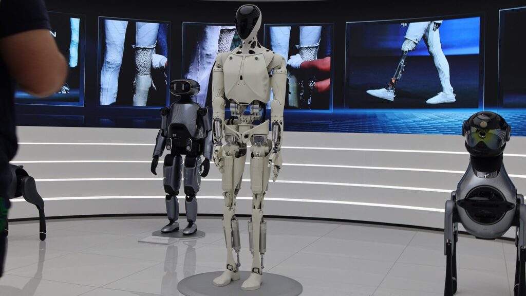 An Iron humanoid robot on display at Xpeng's Guangzhou headquarters in April 2026.