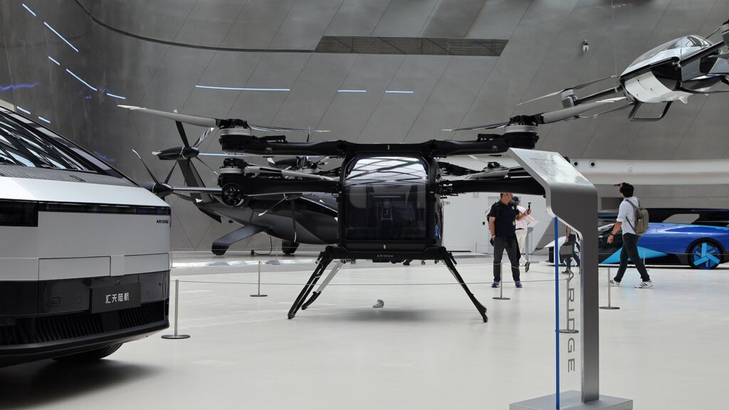 Aridge's modular eVTOL flying vehicle, displayed at the company's Guangzhou headquarters in April 2026.
