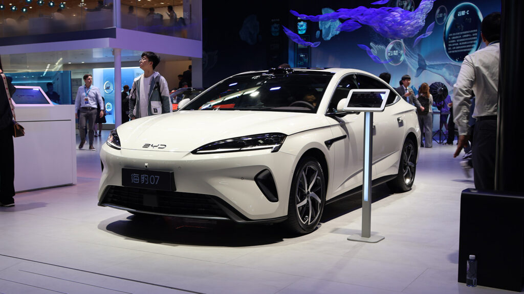 A white BYD Seal 07 sedan displayed at the 2026 Beijing auto show.