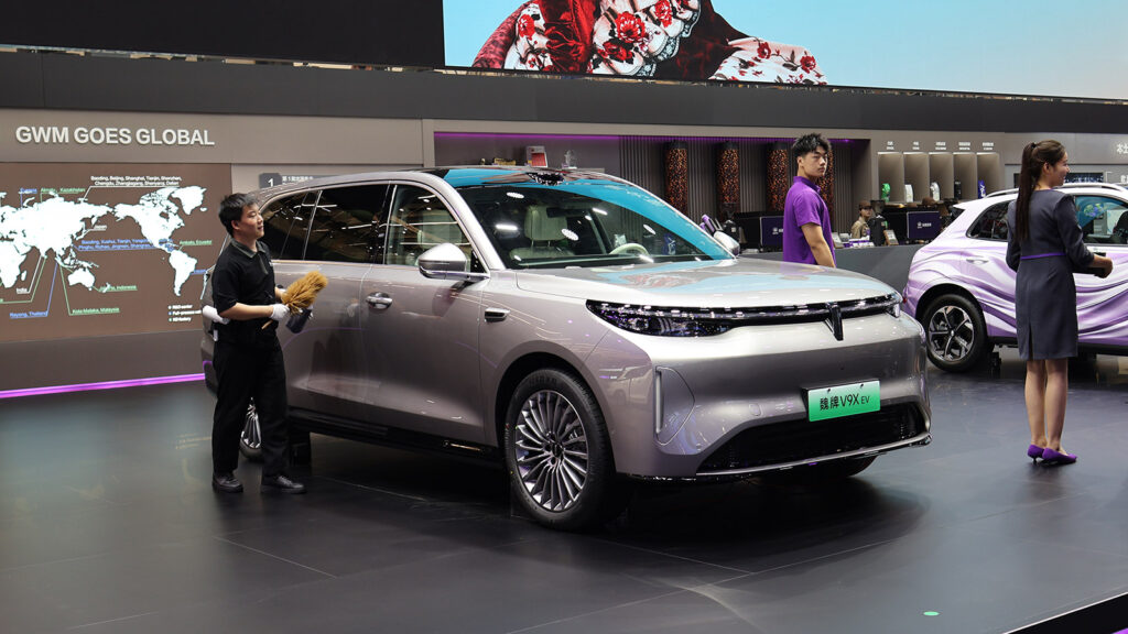 A silver GWM Wey V9X EV shown from the front three-quarter view at the 2026 Beijing auto show.