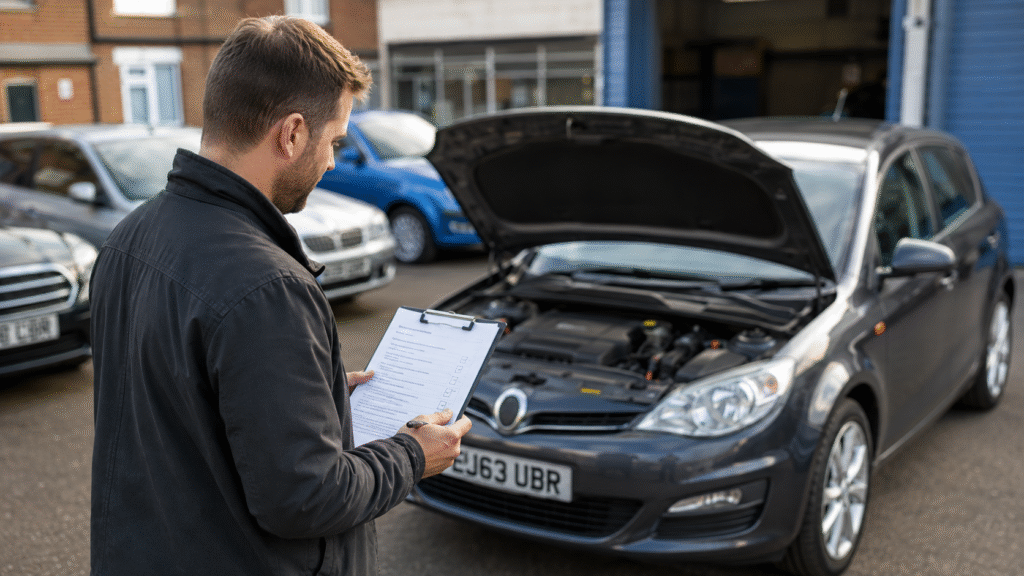 Buyer using a used car checklist during a vehicle viewing