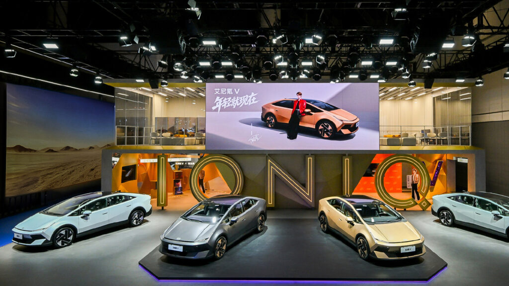 Four Hyundai Ioniq V sedans displayed at Beijing Hyundai's booth during the 2026 Chengdu Auto Show.