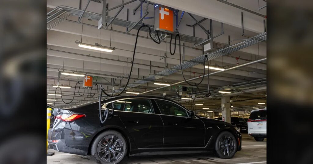 Portland airport can charge 20 rental EVs at once – from overhead