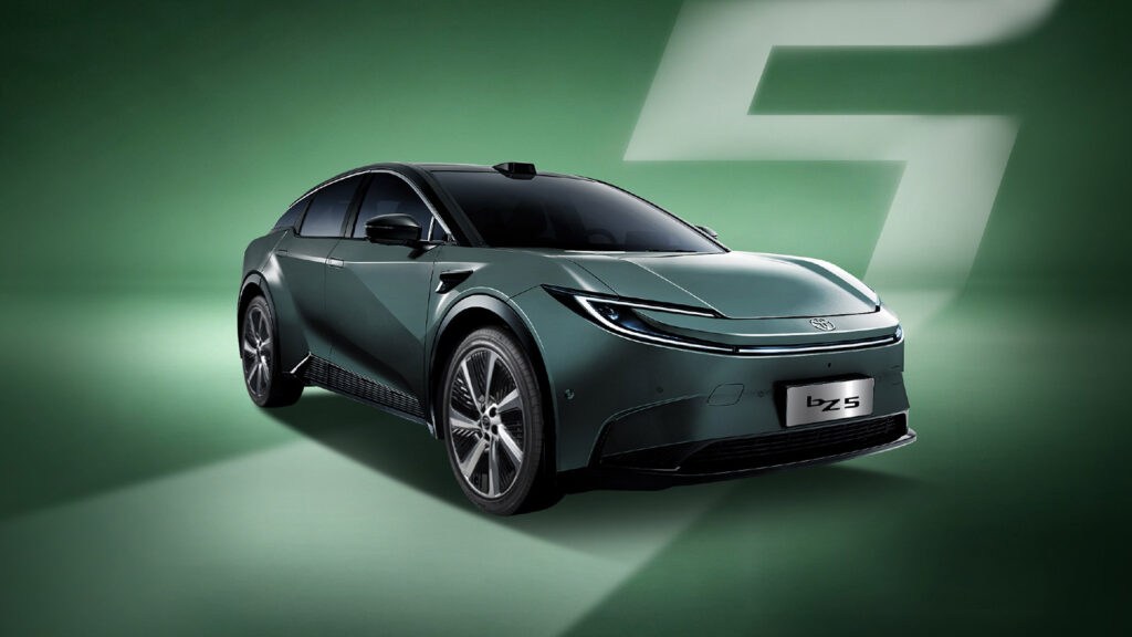 The 2027 Toyota bZ5 electric coupe SUV shown in green in a front three-quarter view.