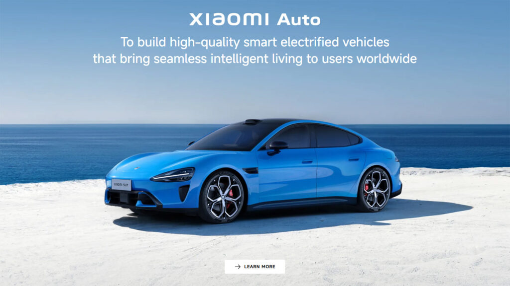 Xiaomi Auto launches global website, social channels ahead of 2027 Europe entry Blue Xiaomi SU7 sedan displayed against a seaside backdrop on the Xiaomi Auto international website.