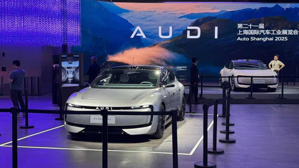 An AUDI E5 Sportback electric vehicle on display at the Shanghai auto show in April 2025.