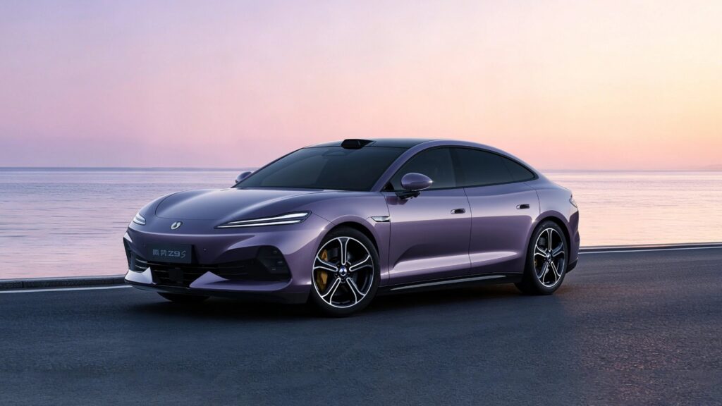 BYD Denza launches Z9S electric sedan with range of up to 1,100 km A purple Denza Z9S electric sedan parked on a coastal road at sunset, shown from the front three-quarter angle with the sea in the background.