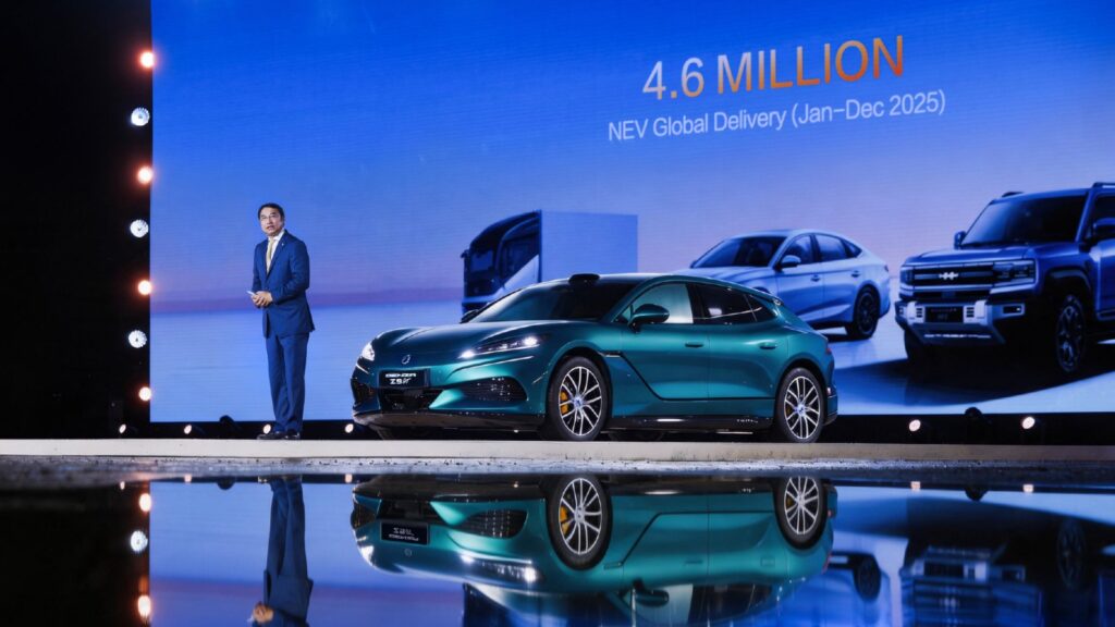 BYD vice president Liu Xueliang introduces a green Denza Z9GT on stage at its Thailand launch in Bangkok.