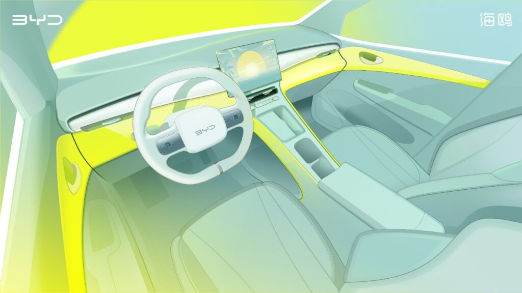 Interior design sketch of the second-generation BYD Seagull, showing a 2-spoke steering wheel, floating central touchscreen and mint-green cabin with yellow accents.