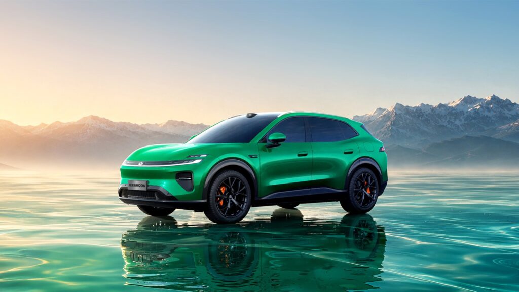 Changan Nevo launches Q06 SUV with limited-time starting price of $20,140 Green Changan Nevo Q06 SUV shown from a front three-quarter angle against a mountain backdrop, reflected in water.