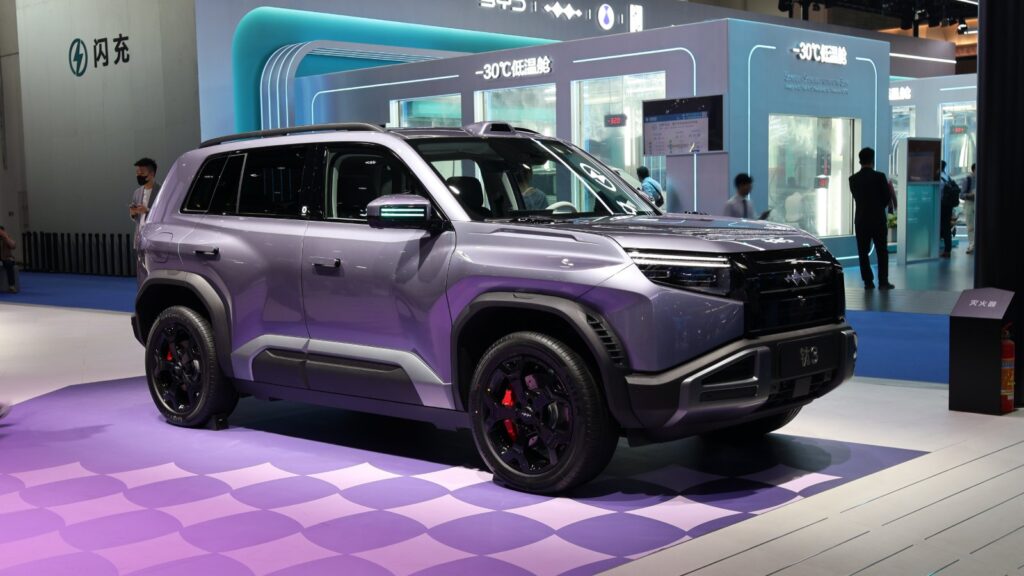 China opposes curbs on hybrid exports to EU, citing WTO rules Front three-quarter view of a silver BYD Fang Cheng Bao Tai 3 SUV on display at the 2026 Beijing Auto Show.