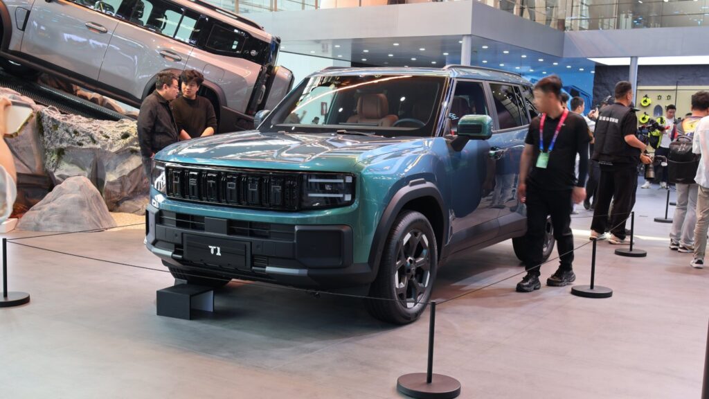 A green Chery Jetour T1 SUV on display at the Beijing auto show in April 2026.