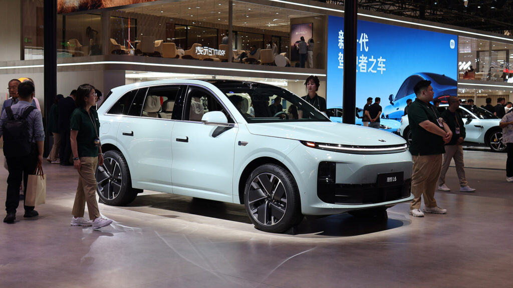 A light blue Li L6 SUV on display at the 2026 Beijing Auto Show.