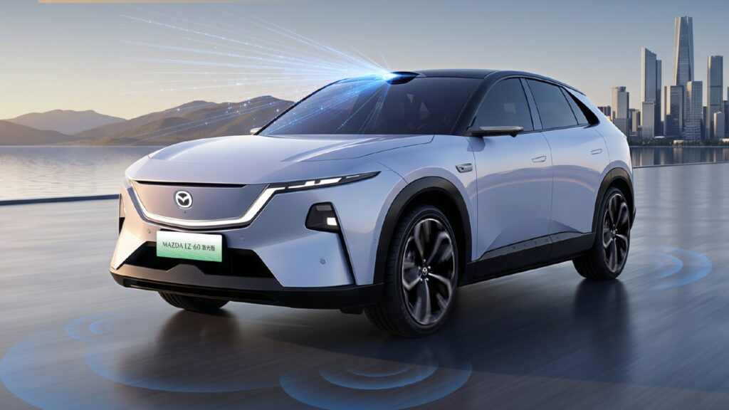 Front three-quarter view of a white Mazda EZ-60 LiDAR variant with a roof-mounted LiDAR sensor emitting blue light beams, parked on a waterfront road with mountains and a city skyline in the background. Blue rings on the ground illustrate the vehicle