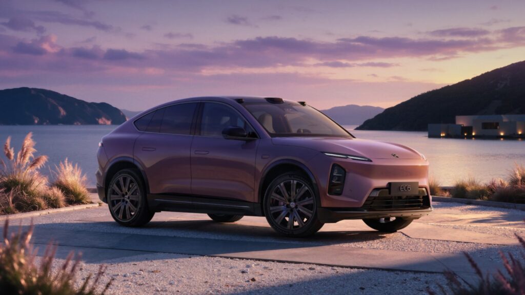 Side profile of the purple Nio EC6 Aura Edition coupe SUV parked by a lake at dusk, showing its 21-inch multi-spoke black wheels and purple brake calipers, with mountains in the background.