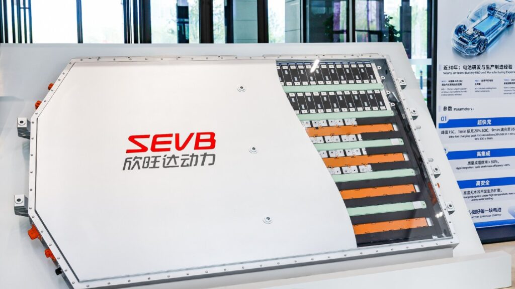 Sunwoda EVB battery pack on display with a partially open cover revealing internal cells and components.