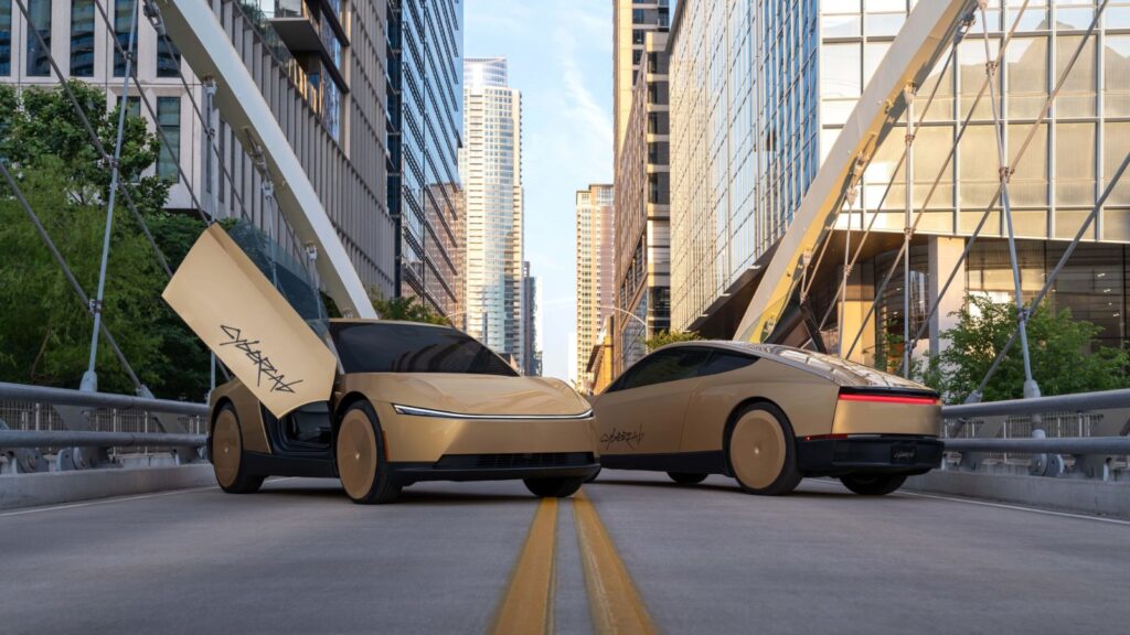 2 gold Tesla Cybercabs on a city bridge, shown from the front and rear, with the front-facing vehicle’s door raised.