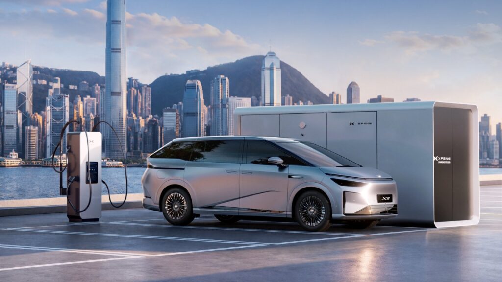 Xpeng’s megawatt charging station goes live in Hong Kong, with Europe next Silver Xpeng X9 MPV beside a charging unit and energy storage cabinet, with Hong Kong