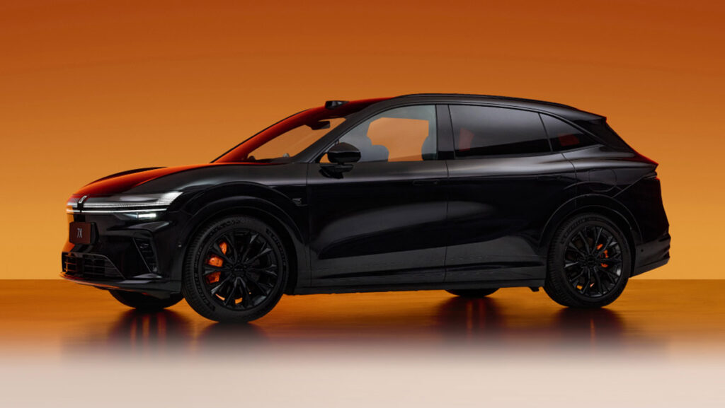A black 2027 Zeekr 7X SUV shown in side profile, with black wheels and orange brake calipers against an orange backdrop.
