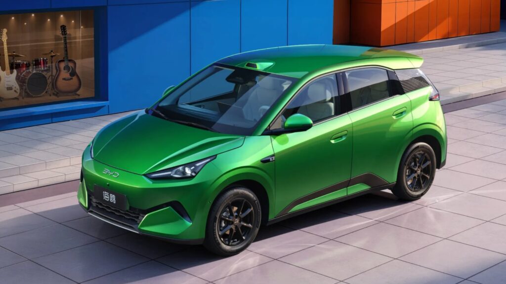 Green second-generation BYD Seagull electric hatchback shown from a front three-quarter angle on a street.
