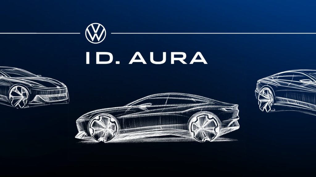 Design sketches of the Volkswagen ID. AURA concept sedan showing its side profile and front and rear three-quarter views.