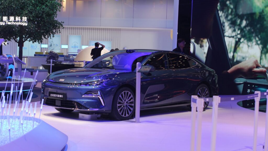 Geely Holding to bring Google services to more overseas models from H2 2027 Front three-quarter view of a Geely Galaxy Starshine 8 sedan on display at the Shanghai auto show.