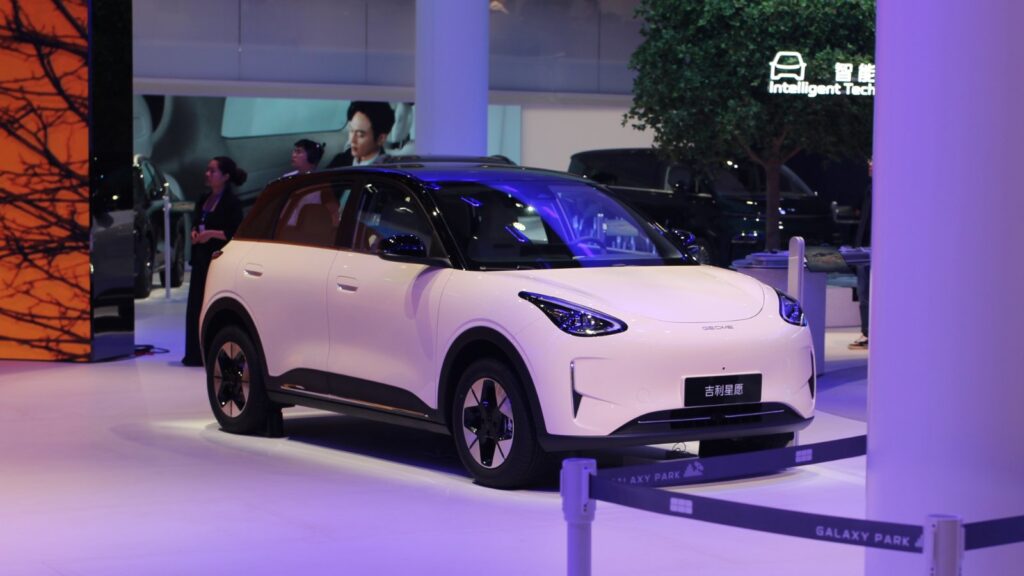 Geely Xingyuan electric hatchback on display at the Shanghai auto show in April 2025.