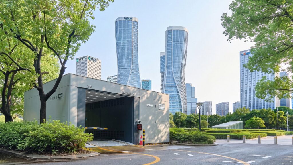 CATL Choco battery swap station surrounded by trees, with high-rise buildings in the background.