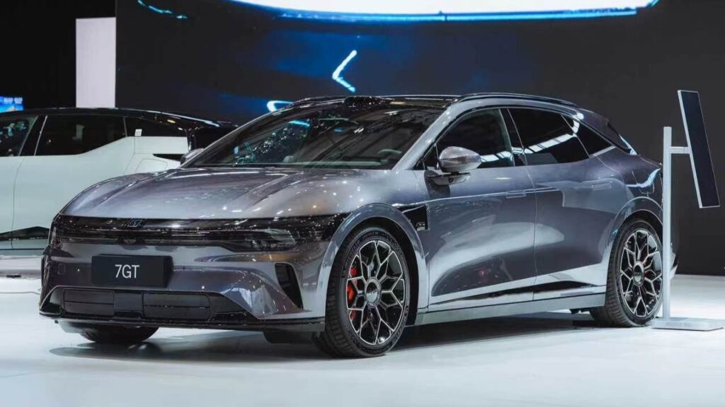 Gray Zeekr 7GT electric shooting brake on display at the Sydney EV show, viewed from the front three-quarter angle.